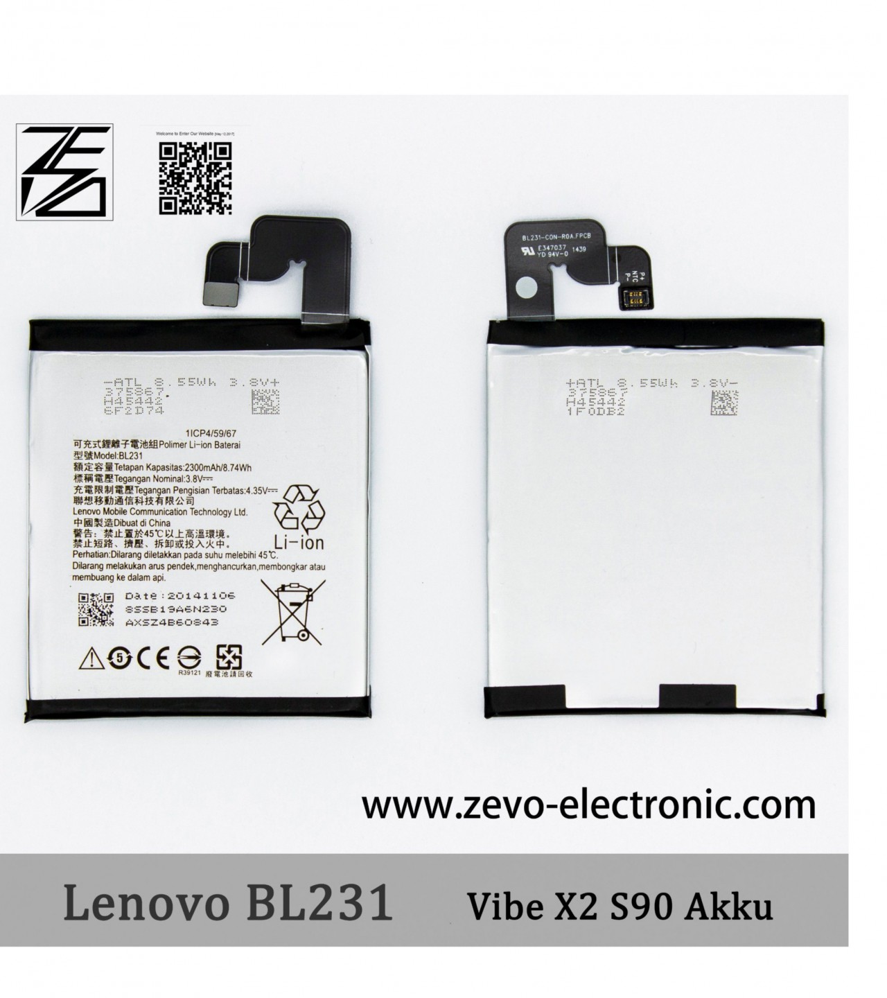 Lenovo BL231 battery For Lenovo Vibe X2 / S90 with 2300 mAh Capacity- Black