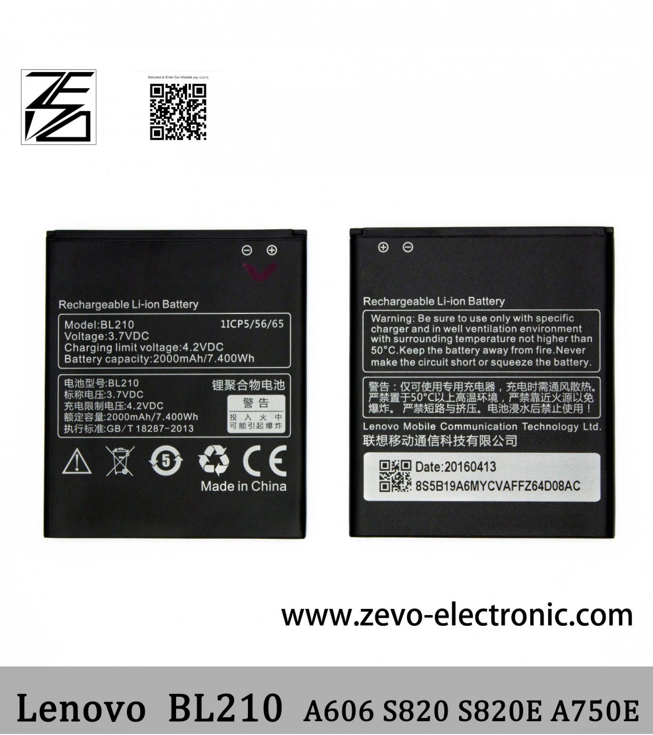 Lenovo BL210 Battery For Lenovo A536 A606 S820 A750E A770E A656 Battery With 2000mAh Capacity-Black
