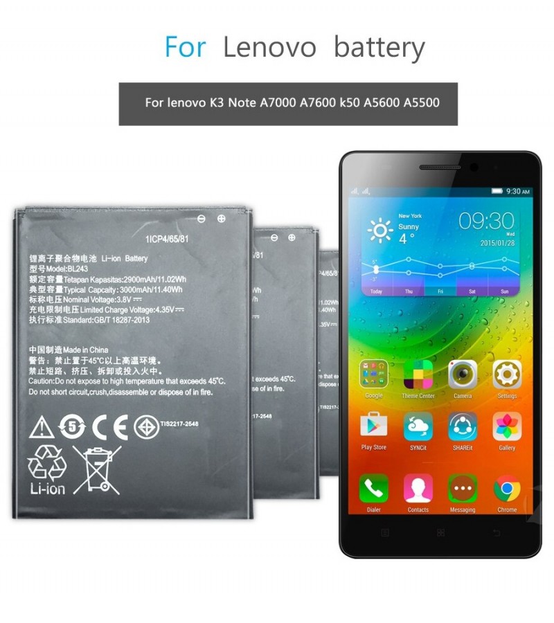 Lenovo BL243 Battery For Lenovo K3 Note , A7000 , A7600 , K50 , A5600 Battery With 3000mAh Capacity